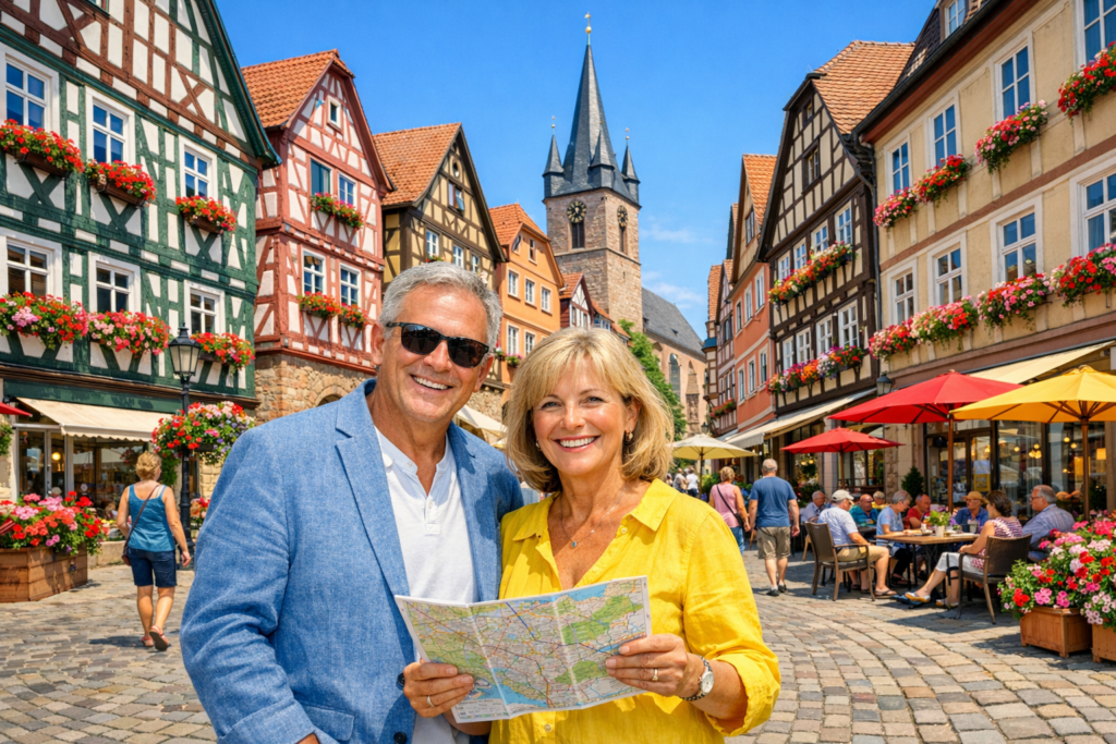 Touristen in der historischen Altstadt von Lohr am Main bei Sonnenschein