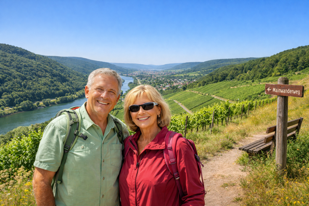 Wanderer auf dem Mainwanderweg Lohr am Main mit Blick auf den Main und den Spessart